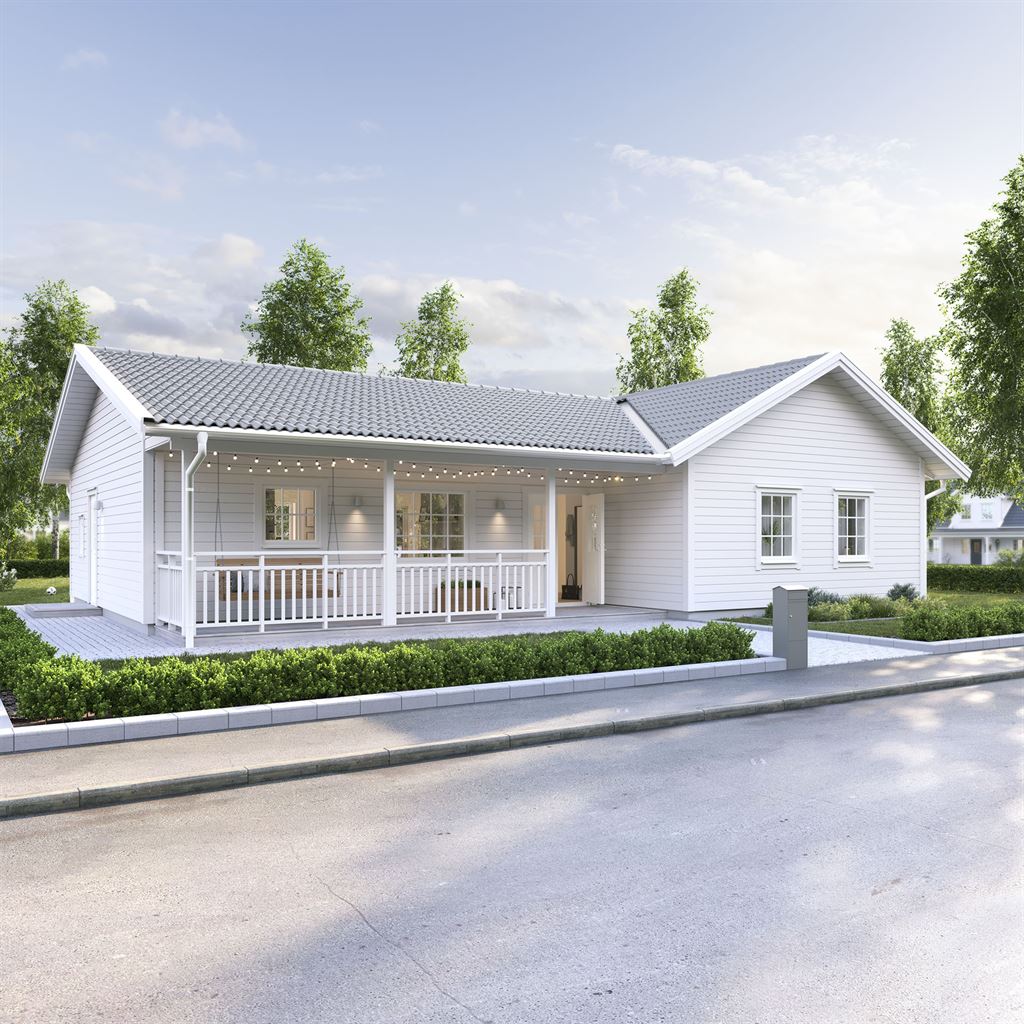 Vitt Villa Kobbskär exteriör i klassisk stil med veranda